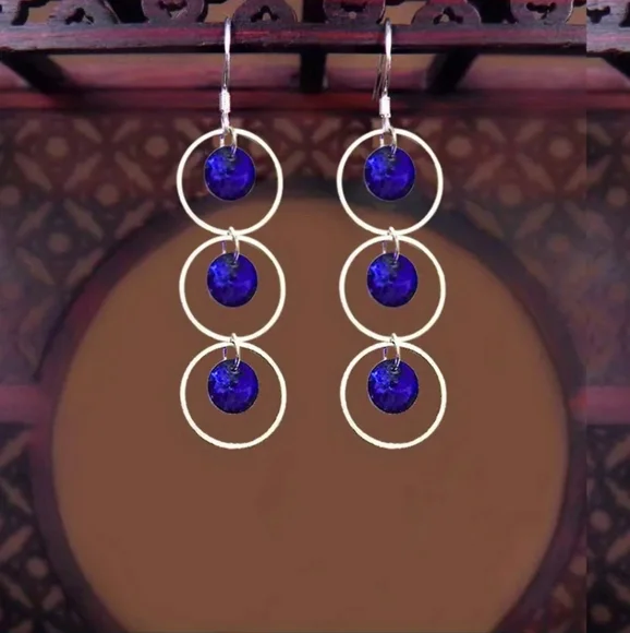Y2K Retro Ethnic Style Hollow Circle With Blue Disc Dangle Earrings. - Picture 2 of 6